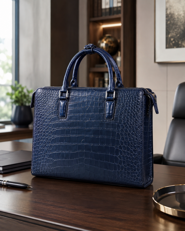 E-ZHEN Dark Brown Nile Crocodile Belly Skin Business Handbag