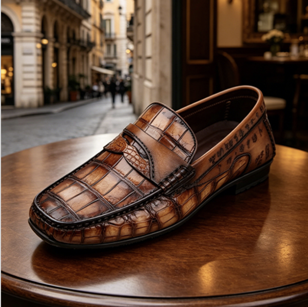 Dyed Nile Crocodile Belly Crust Leather Loafers – Handmade Brown Men’s Slip-On Shoes