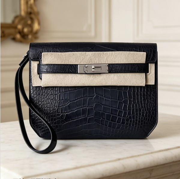 Black Nile Crocodile Belly Skin Lock Clutch Bag