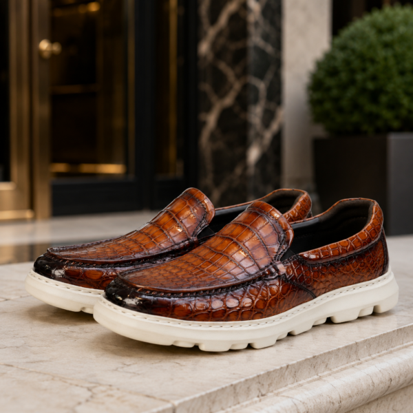 Luxury Nile Crocodile Belly Leather Hand-Antiqued Sport Loafers – Amber | EZ26290311B